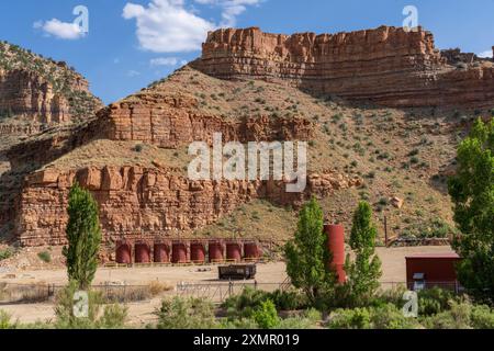 Fluid storage tanks at a compressor station on a gas pipeline in Nine Mile Canyon in Utah. Stock Photo