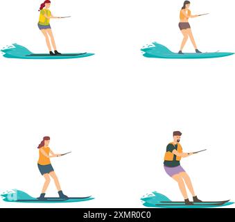 Vector illustrations of diverse individuals enjoying stand up paddleboarding, isolated on white for versatility Stock Vector