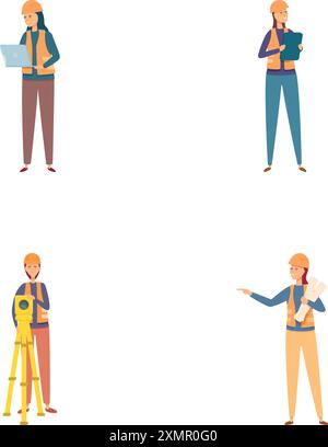 Collection of illustrations showcasing engineers with tools and tech for diverse projects Stock Vector