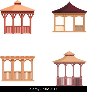 Collection of four vector illustrations showcasing different designs of wooden gazebos Stock Vector