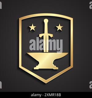 3d golden anvil with sword heraldry logo design Stock Vector