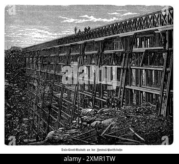 This engraving depicts the Dale Creek Crossing, a remarkable wooden trestle bridge built in the 1860s as part of the Union Pacific Railroad. Spanning the deep Dale Creek Canyon in Wyoming, this bridge was a crucial element of the first transcontinental railroad. The intricate lattice of timber beams, towering above the rugged landscape, exemplifies the ingenuity and daring of 19th-century engineering. This structure, with its impressive height and length, showcases the challenges and triumphs of constructing a railway through the American West's harsh terrain. Stock Photo