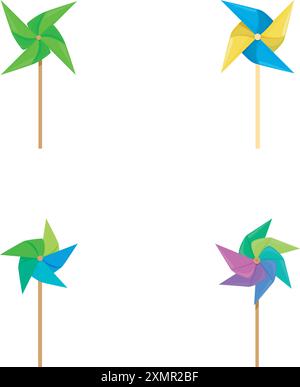 Collection of four vibrant, multicolored paper pinwheels isolated on a white background Stock Vector