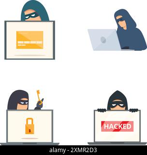 Set of four flat design illustrations depicting hackers with laptops and security symbols Stock Vector