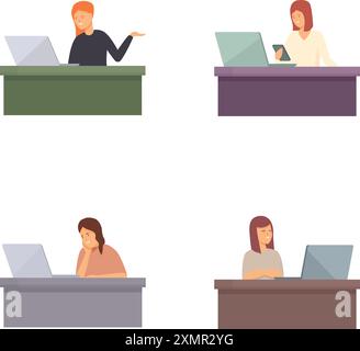 Four illustrations of individuals focused on work at their desks, using laptops Stock Vector