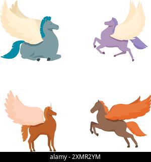 Set of stylized pegasus illustrations featuring different colors, suitable for diverse creative projects Stock Vector