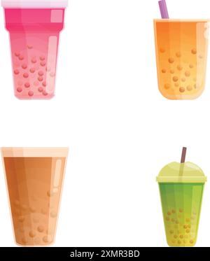 Colorful collection of bubble tea in various cups and flavors as vector illustrations Stock Vector