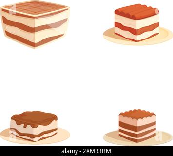 Set of four delicious cartoonstyle dessert cakes on plates isolated on a white background Stock Vector