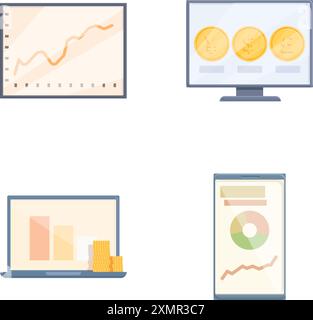 Set of four flat design icons representing financial analytics and cryptocurrency on digital displays Stock Vector
