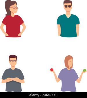 Vector illustrations of four diverse people standing, showcasing different poses and styles Stock Vector