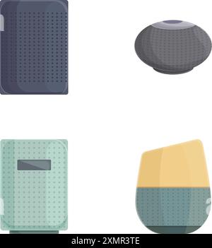 Collection of four wireless smart speakers, showcasing different designs for home automation Stock Vector