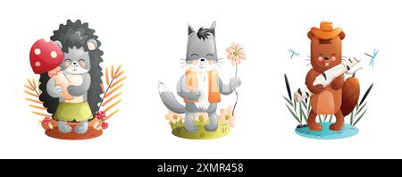 Chidren cute animal set. A hedgehog, a cat, and a bear are depicted in a vibrant forest setting, each participating in playful and joyful activities.  Stock Vector