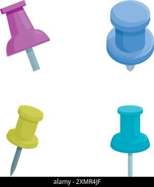 Vector illustration of a set of four colorful push pins in different orientations Stock Vector