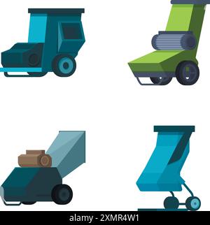 Collection of four stylized cartoon dump trucks in various colors isolated on a white background Stock Vector