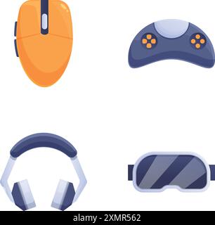 Flat design icons of a computer mouse, game controller, headphones, and vr headset Stock Vector