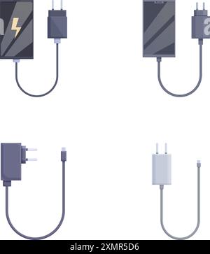 Vector set of various types of charging cables and power adapters for smartphones isolated on a white background Stock Vector