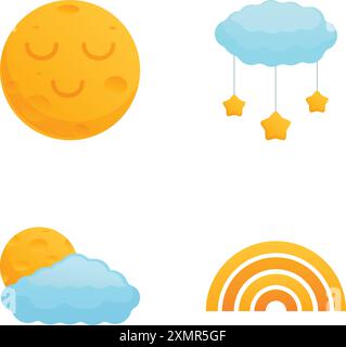 Collection of cheerful cartoon weather icons including the sun, clouds, and a rainbow Stock Vector
