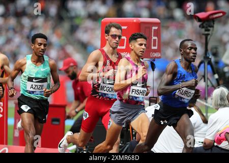 Melkeneh AZIZE (Ethiopia), Sean McGORTY (United States of America), Grant FISHER (United States of America), Edwin KURGAT (Kenya) competing in the Men's 3000m Final at the 2024, IAAF Diamond League, London Stadium, Queen Elizabeth Olympic Park, Stratford, London, UK. Stock Photo