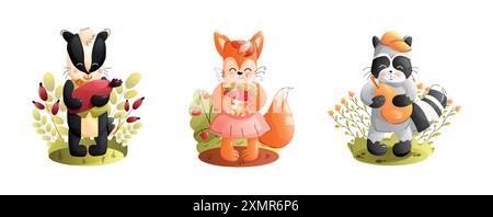 Chidren cute animal set. Adorable Cute Animal Figures Featuring a Badger, Fox, and Raccoon. Stock Vector