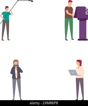 Collection of illustrations showcasing individuals in various jobs including fishing, metalworking, business, and technology Stock Vector