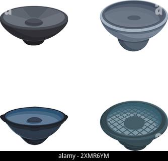 Vector illustration of a collection of four unique speaker cones with different designs, isolated on a white background Stock Vector