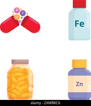 Illustration collection featuring various vitamin and mineral supplements in pill and bottle form Stock Vector