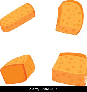 Illustration of different cuts of cheddar cheese, isolated on white background Stock Vector