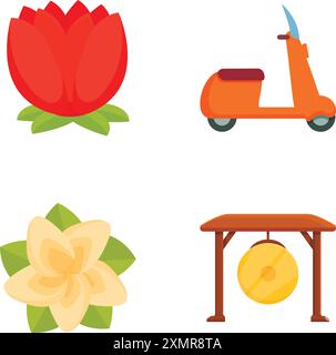 Collection of four vector icons featuring a red tulip, orange scooter, white jasmine flower, and a traditional gong Stock Vector