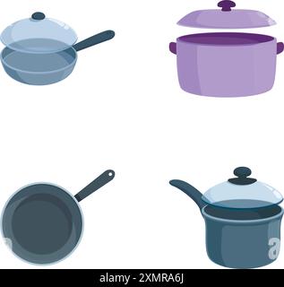 Collection of kitchen cookware including pans and pots in a modern vector style Stock Vector