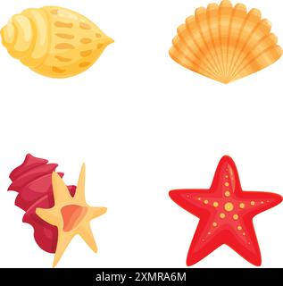 Vibrant illustration featuring various types of sea shells and a starfish Stock Vector