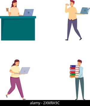 Collection of four illustrations depicting individuals engaged in different office activities Stock Vector