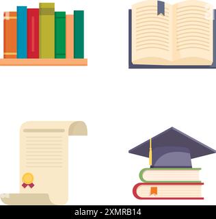 Collection of four flat icons symbolizing education, books, and academic achievement Stock Vector