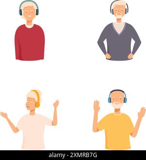 Illustration collection of four joyful people of different ages wearing headphones, isolated on a white background Stock Vector
