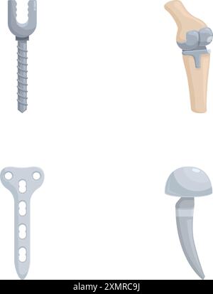 Set of vector icons illustrating various types of orthopedic implants and artificial joints Stock Vector