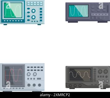 Vector set of oscilloscopes with electronic equipment for signal waveform measurement and analysis, isolated on white background Stock Vector