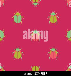 Colorful green on pink insects, beetle, and bugs in cartoon flat style. Vector seamless pattern with nature theme background for fabric print and Stock Vector