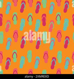 Seamless pattern with flip flops. Bright orange and green colored slippers with different ornaments background. Beach sandals summer vector flat Stock Vector