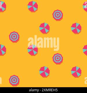 Seamless pattern sun umbrellas. Bright orange and pink colored objects summer beach background vector flat illustration Stock Vector