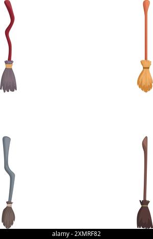 Collection of four different cartoonstyle witch's broomsticks isolated on white background Stock Vector