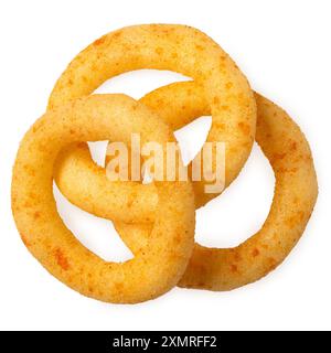 Three spicy corn onion rings isolated on white. Top view. Stock Photo