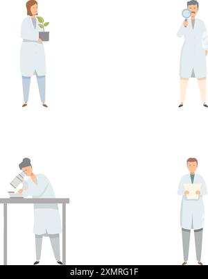 Collection of four scientists engaged in various activities such as research, analysis, and observation Stock Vector