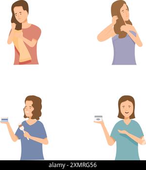 Set of illustrations featuring a woman showcasing different emotions and performing various actions Stock Vector