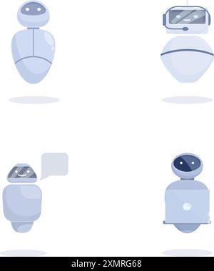 Illustration of four friendly robot characters in various poses on a white background Stock Vector