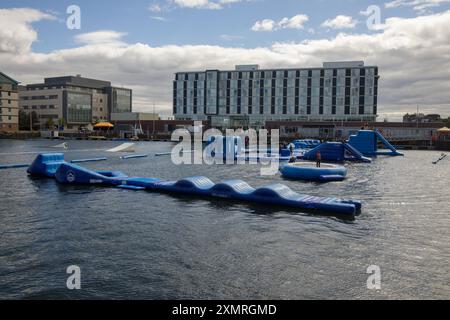 Wild Shore, a family focused watersports and aqua park, located in the Dundee's docklands, West Victoria Dock, Dundee, Scotland, UK, United Kingdom Stock Photo