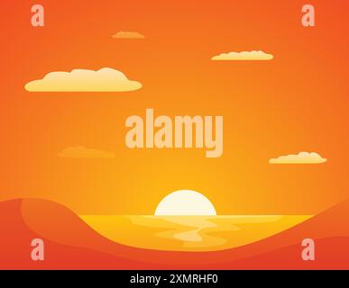 Minimalist illustration of the sun setting over the sea, with an orange sky and clouds reflecting on the water Stock Vector