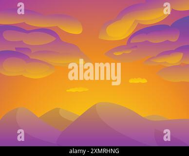 Minimalist landscape illustration showing purple mountains at sunset with an orange and purple sky Stock Vector