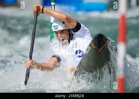 Vaires Sur Marne, France. 29th July, 2024. Miquel Trade of Spain competes in the Men's C1 Canoe Slalom semi final at the Vaires-sur-Marne Nautical Stadium outside Paris during the 2024 Paris Summer Olympic Games in Paris, France, Monday, July 29, 2024. Photo by Paul Hanna/UPI Credit: UPI/Alamy Live News Stock Photo