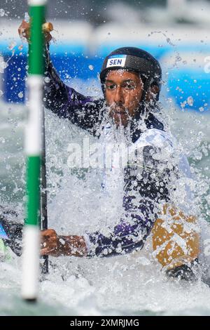 Vaires Sur Marne, France. 29th July, 2024. Yves Bourhis of Senegal competes in the Men's C1 Canoe Slalom semi final at the Vaires-sur-Marne Nautical Stadium outside Paris during the 2024 Paris Summer Olympic Games in Paris, France, Monday, July 29, 2024. Photo by Paul Hanna/UPI Credit: UPI/Alamy Live News Stock Photo