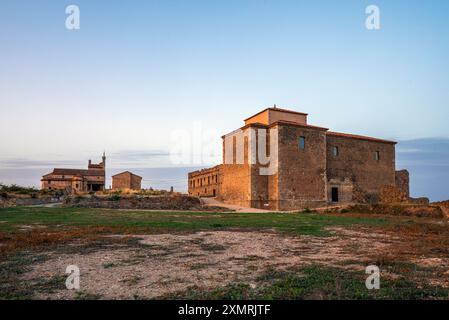 Panoramic view of the convent of the Nuns, the church of Santa María la Mayor and the town hall in the town of Moya, Cuenca, Castilla-La Mancha, Spain Stock Photo