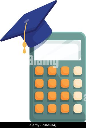 Graduation cap is sitting on a calculator, conveying the concept of the cost of education Stock Vector